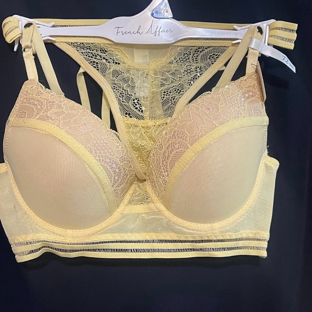 French affairs Women 2 Piece Padded Push Up Bra With Panties Set, Yellow 32C